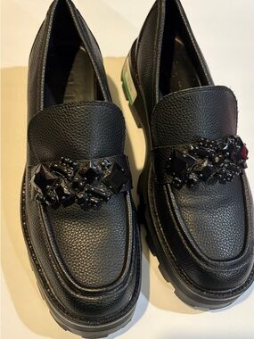 Karl Lagerfeld Black Pebble Leather Loafers with Black Crystal Embellishments